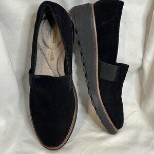 CLARK'S Black Sharon Tori Textile Suede Wedge Slip on Loafer.